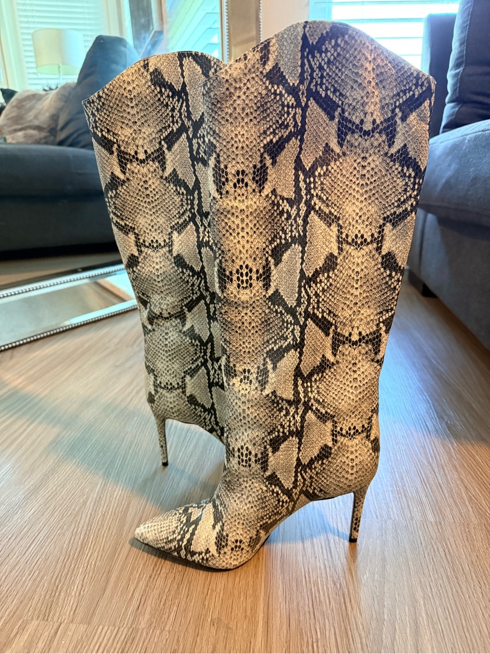 SCHUTZ Snake-Print Pointed Toe Over-the-Knee Boots - Beige/Black